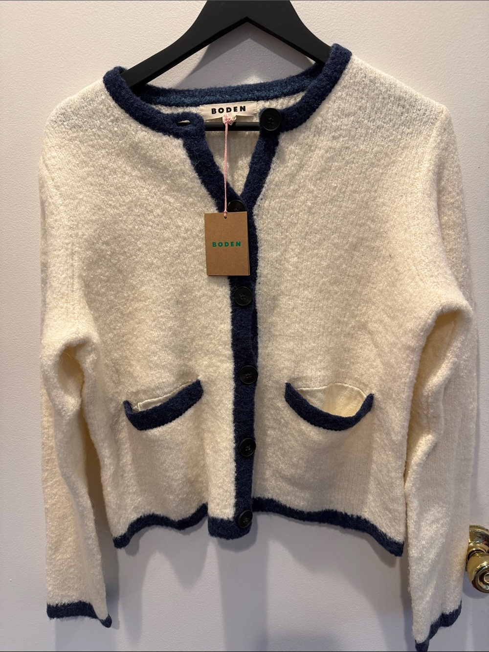 Boden Cream Cardigan with Navy Trim